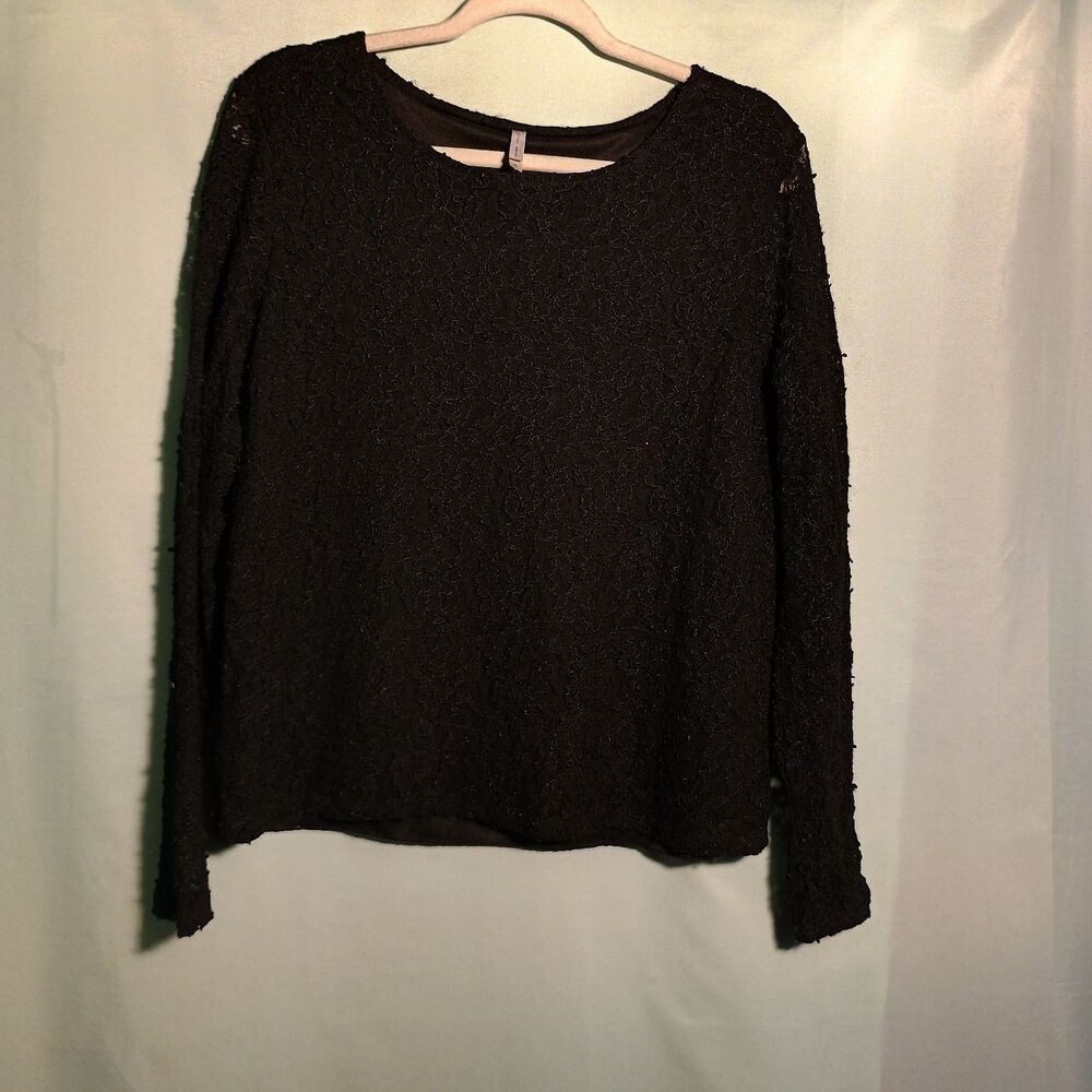 Black Long Sleeve Lace Textured Blouse – Elegant Sheer Overlay Top Size XL
